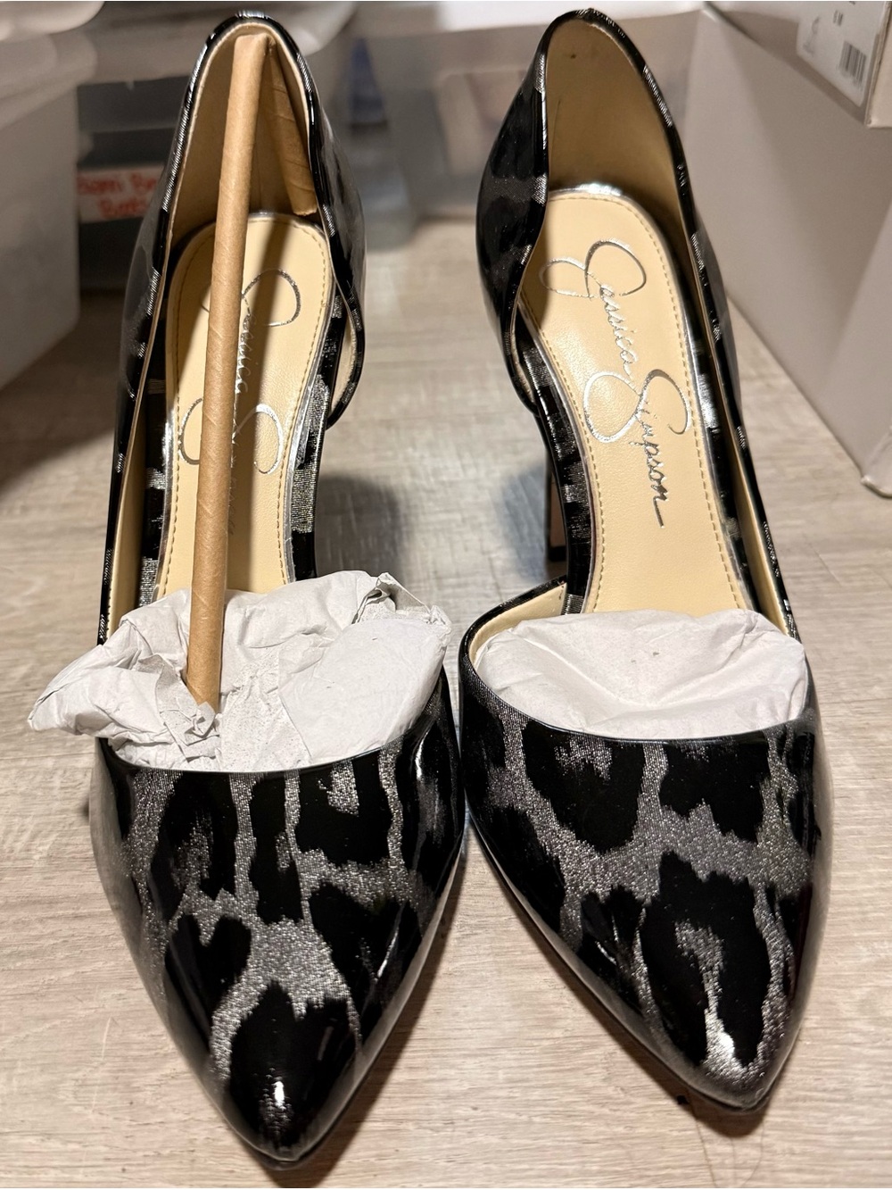Jessica Simpson Black and Silver Leopard Patent Pointed-Toe Pumps